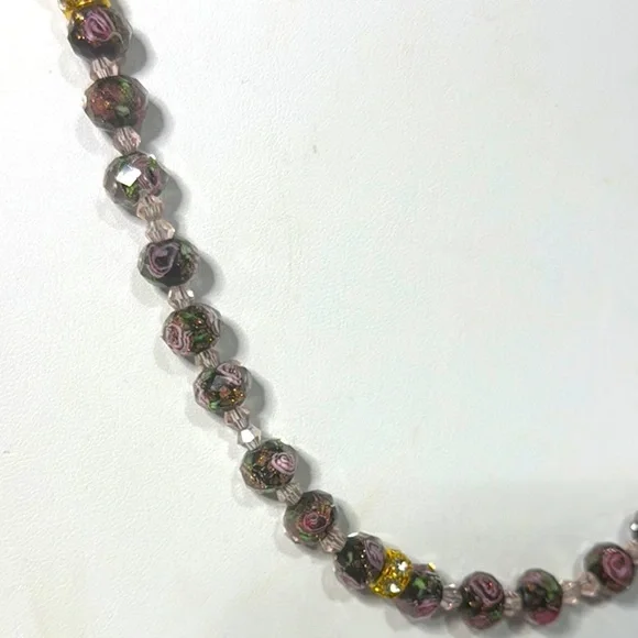 Artisan Purple and Gold Lampwork Necklace with Elegant Inner Flower Design Set - Picture 3 of 5